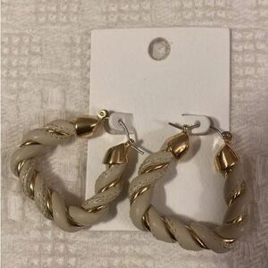Gold and Cream Twisted Hoop Earrings